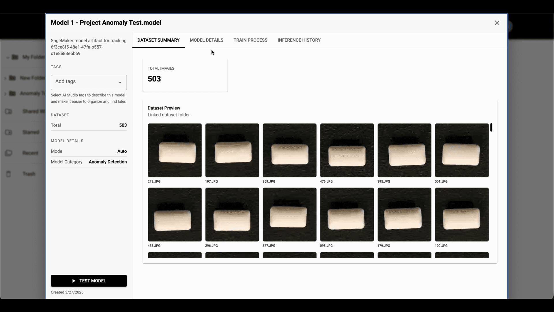 Step 12 image about Primeros pasos con AI Studio tutorial Step 12: En la vista del archivo de modelo, abre la pestaña Dataset Summary para confirmar la vista previa del dataset vinculado y la cantidad total de imágenes.