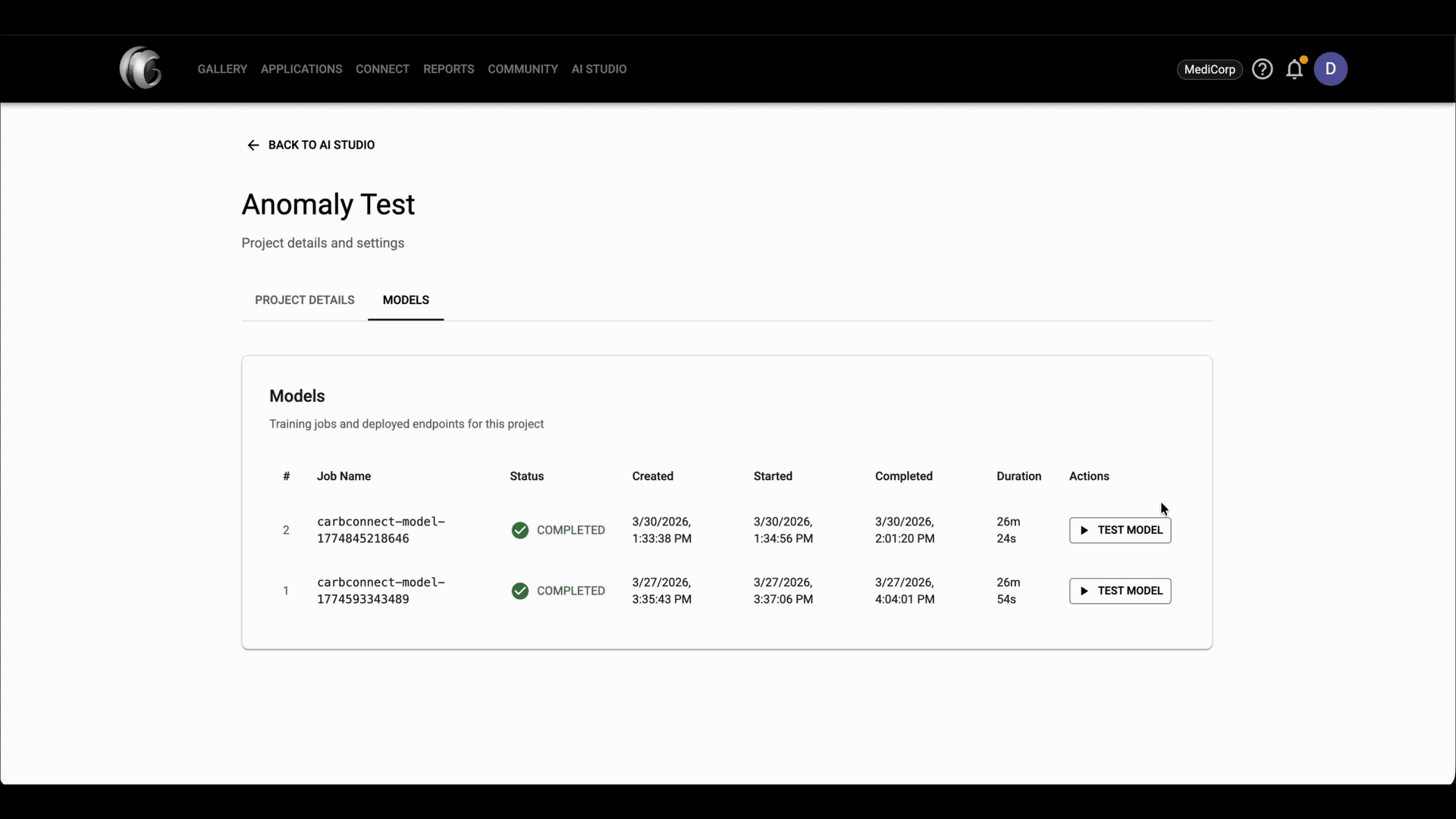 Step 7 image about Primeros pasos con AI Studio tutorial Step 7: Abre la pestaña Models para monitorear el estado del entrenamiento y luego usa 'Test Model' cuando un modelo aparezca como completado.