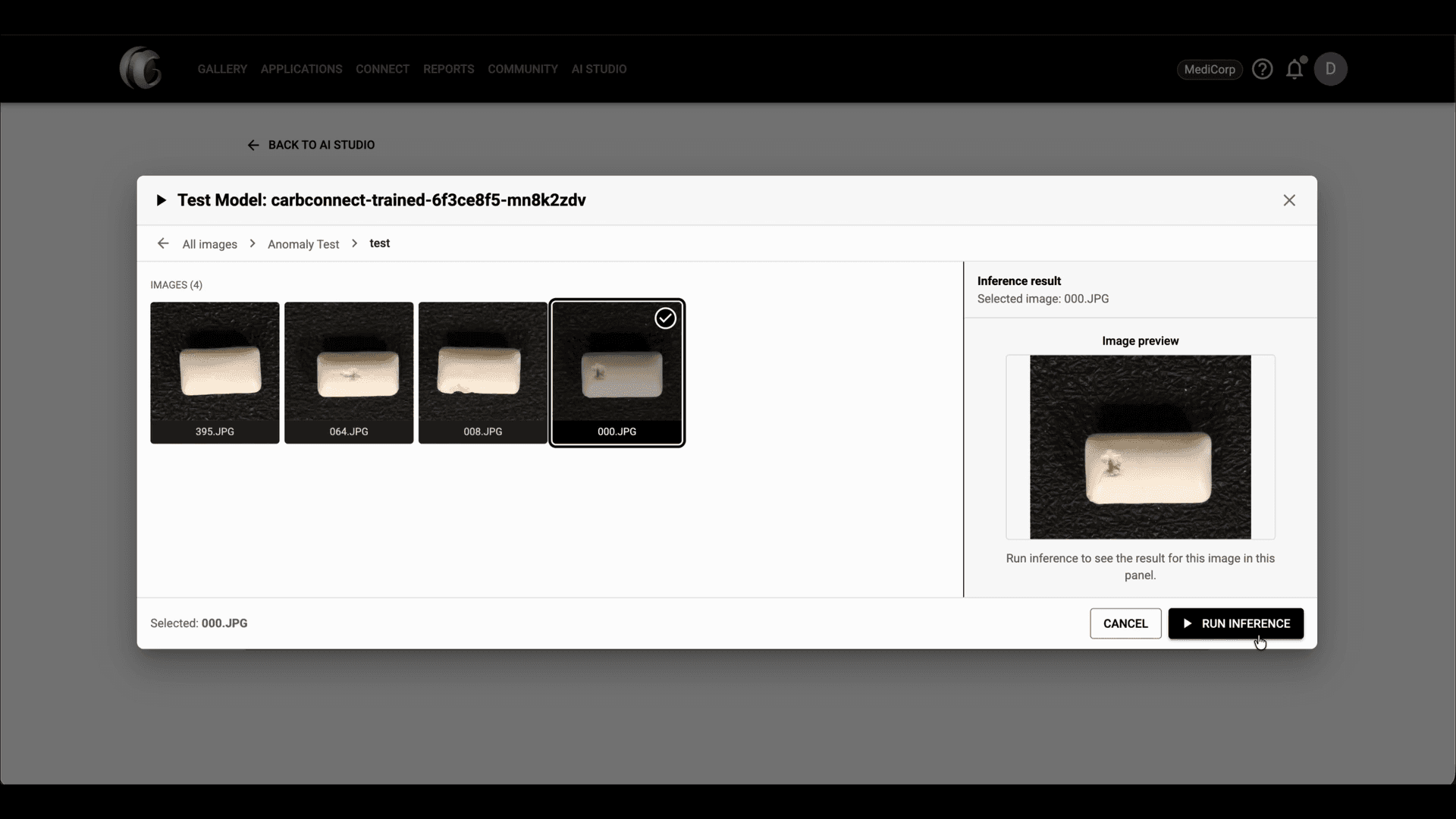 Step 8 image about Primeros pasos con AI Studio tutorial Step 8: Haz clic en 'Test Model', elige una imagen de la carpeta de prueba, confirma la vista previa en el panel lateral y luego haz clic en 'Run Inference'.