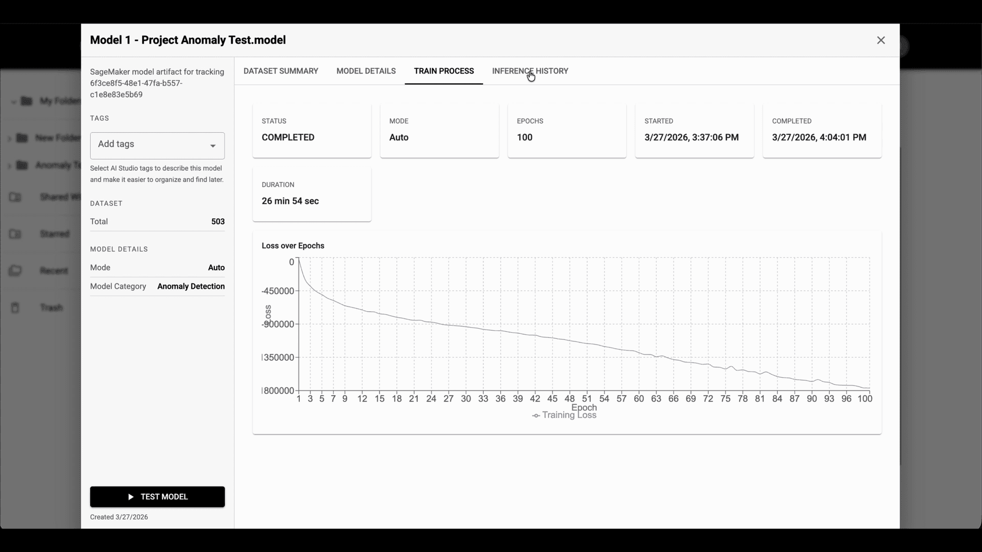 Step 13 image about Primeros pasos con AI Studio tutorial Step 13: Usa la pestaña Train Process para revisar el estado del entrenamiento, el modo, las épocas, la duración y la curva de pérdida del modelo seleccionado.